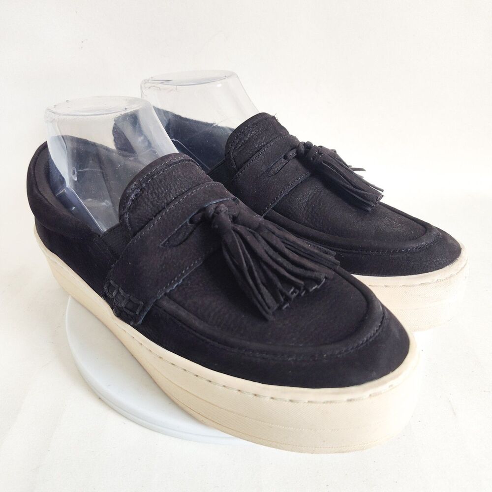 J/Slides Hallie Black Nubuck Suede Platform Heel Tassel Loafers Sneakers Size 8‎